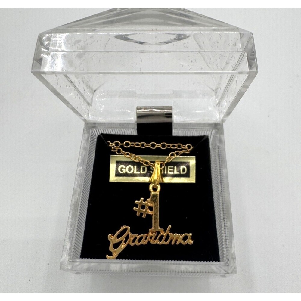 Vintage NIB Necklace #1 Grandma Pendant Gold Shield On 18” Chain Necklace